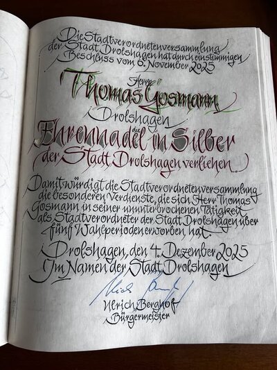 Eintrag Thomas Gosmann Goldenes Buch